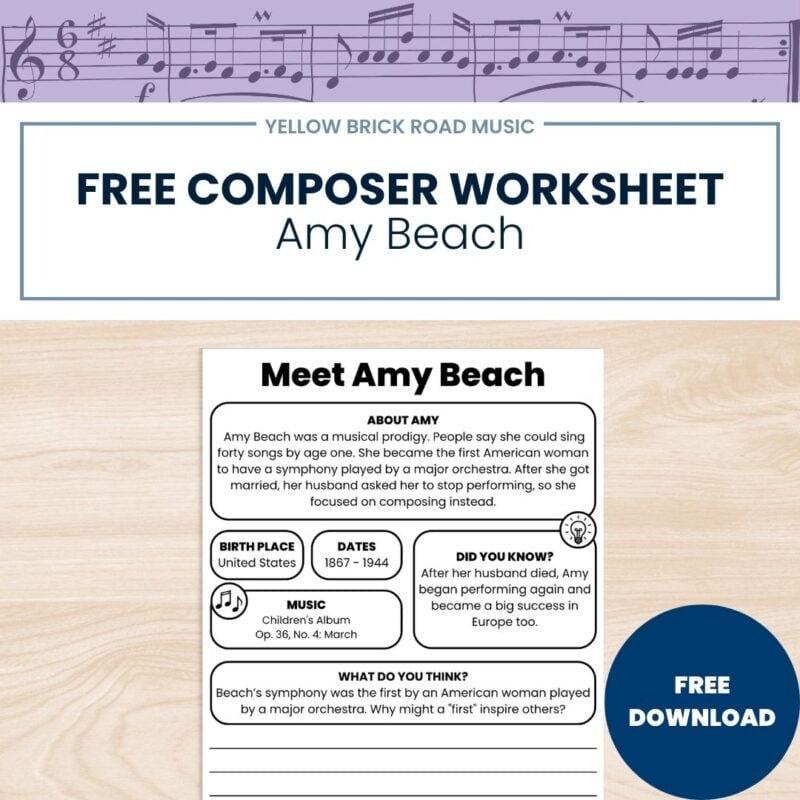 Free Romantic Music History Worksheet | Amy Beach | Grades 3-5 | No Prep