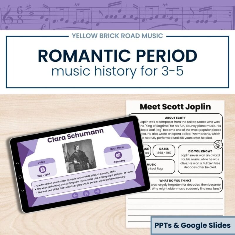 Romantic Composers Music History | Grades 3-5 | Listening & Printables | No Prep