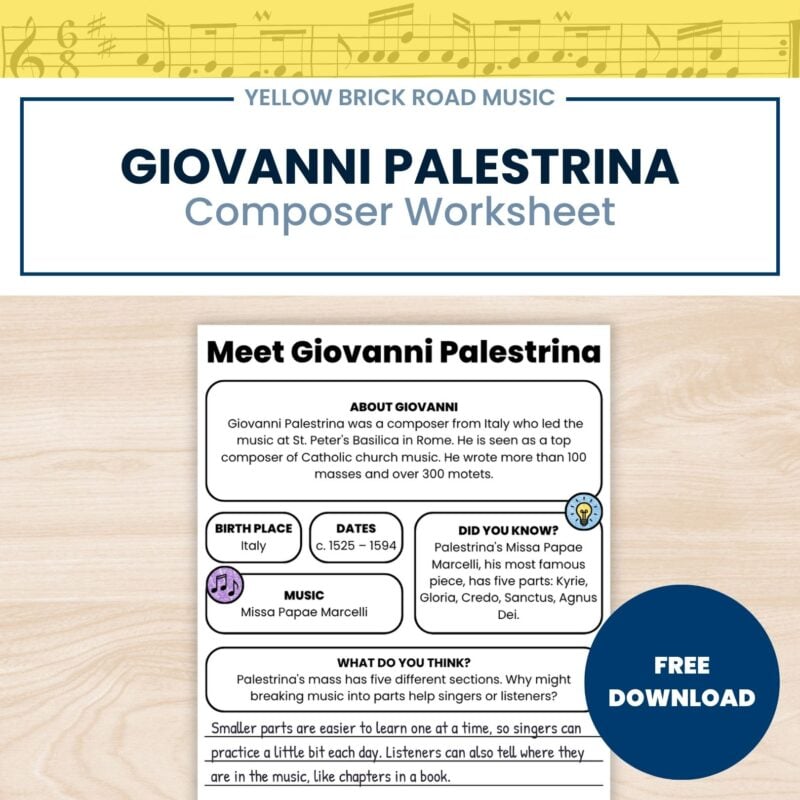 Free Renaissance Composer Worksheet | Giovanni Palestrina Grades 3-5 | No Prep